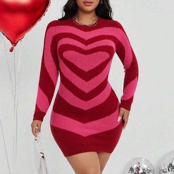 SHEIN Allurite Heart Pattern Round Neck Sweater Dress Pink Red Fitted Bodycon - Picture 4 of 14